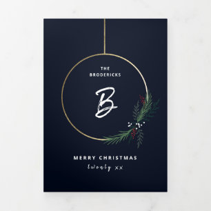 Modern Wreath Script Holiday Christmas Tri-Fold Card