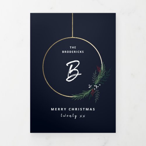 Modern Wreath Script Holiday Christmas Tri_Fold Card