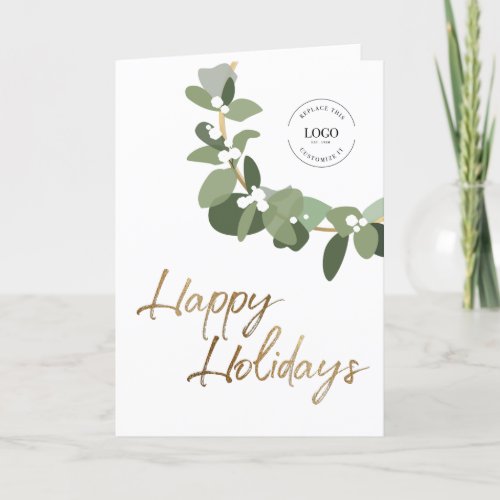 Modern Wreath White on Happy Holidays Your Logo Holiday Card