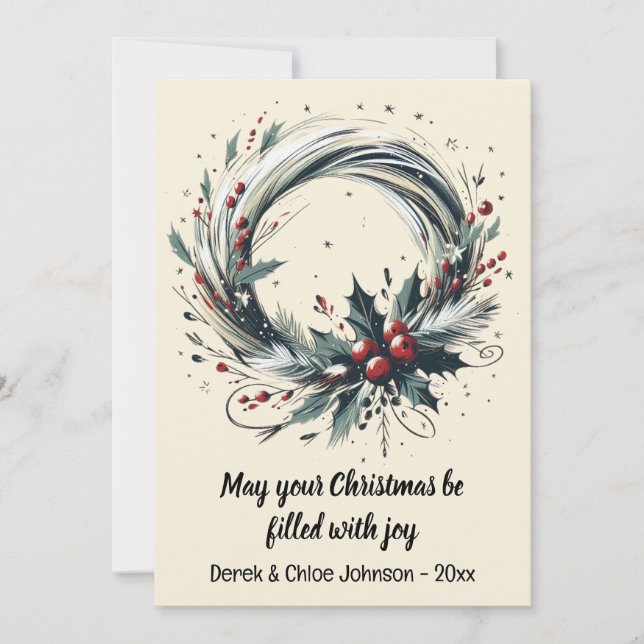 Modern Wreath with Holiday Berries Christmas Card (Front)