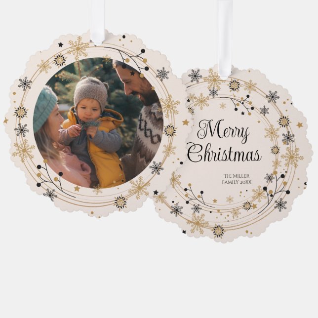 Modern Wreath with Script Merry Christmas Ornament Card (Front/Back)