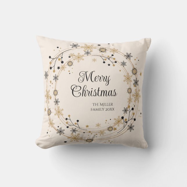 Modern Wreath with Script Merry Christmas Throw Pillow (Front)