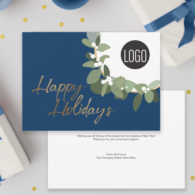 Modern Wreath Your Logo gold Happy Holidays Blue Holiday Card (Business holiday card in blue and gold with logo and message.)