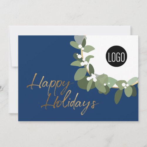 Modern Wreath Your Logo gold Happy Holidays Blue Holiday Card