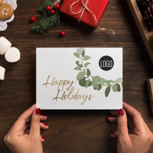 Modern Wreath Your Logo gold Happy Holidays  Holiday Card
