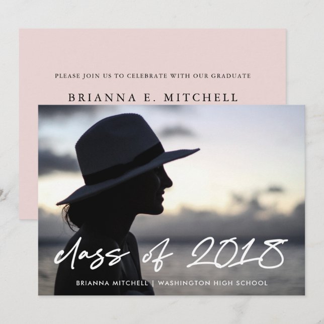 Modern Writing | Class of 2018 Photo Grad Party Invitation (Front/Back)