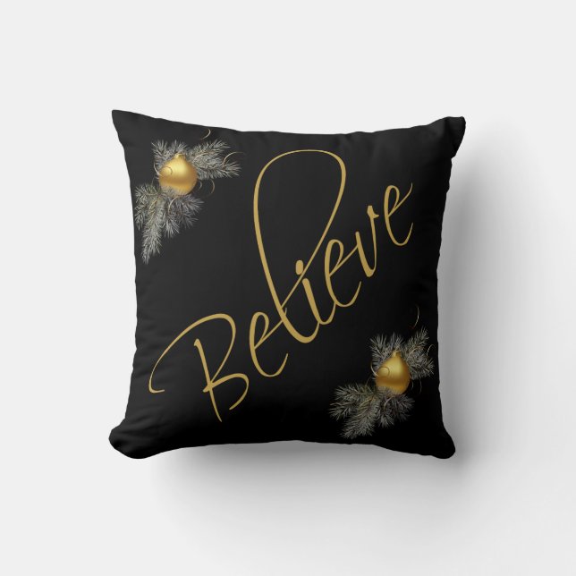 Modern Xmas, Believe (w/ ornaments) gold & black Throw Pillow (Front)