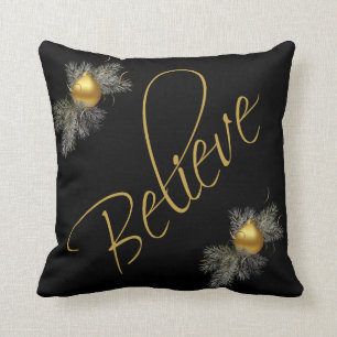 Modern Xmas, Believe (w/ ornaments) gold & black Throw Pillow