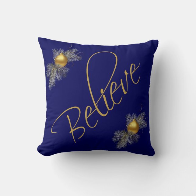 Modern Xmas, Believe (w/ ornaments) gold & navy Throw Pillow (Front)