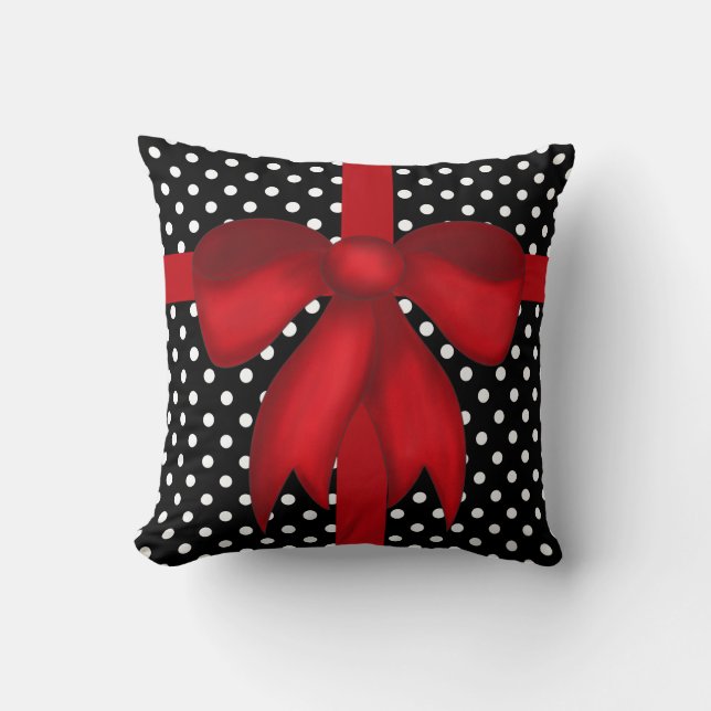 Modern Xmas Pillow, B&W Polka Dots w/ Red Bow Throw Pillow (Front)