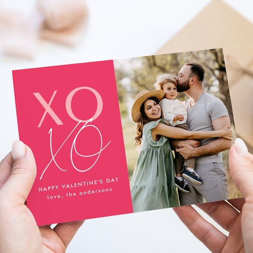 Modern XOXO Hot Pink Valentines Day Photo Holiday Card