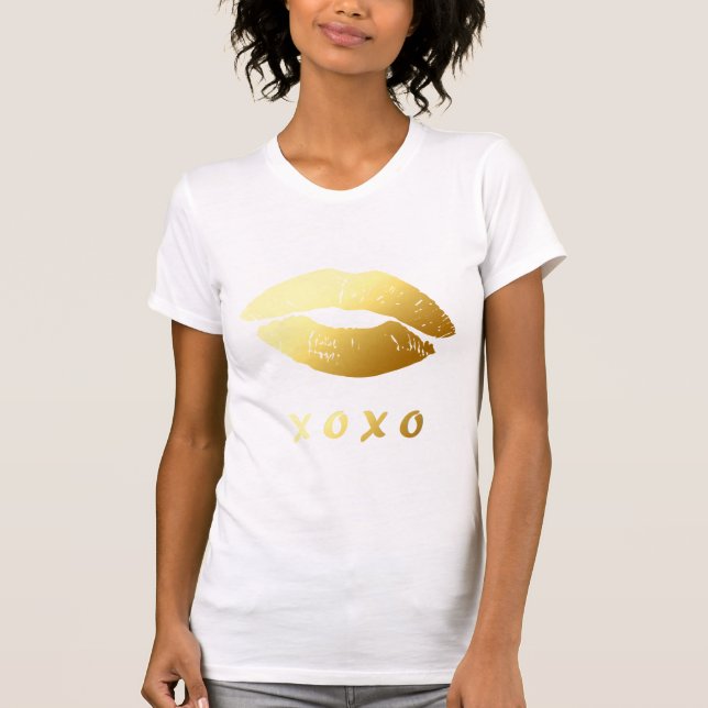 Modern XOXO Hugs Kisses with Classy Gold Lips T-Shirt (Front)