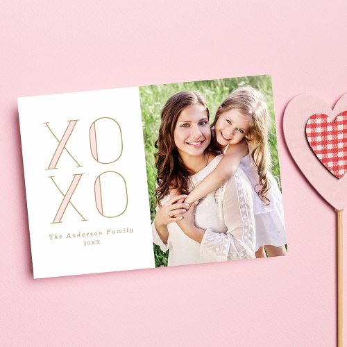 Modern XOXO Pink and Gold Photo Valentines Day Holiday Card