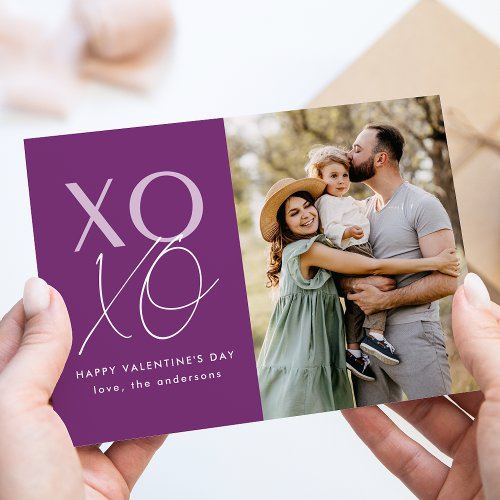 Modern XOXO Purple Valentines Day Photo Holiday Card