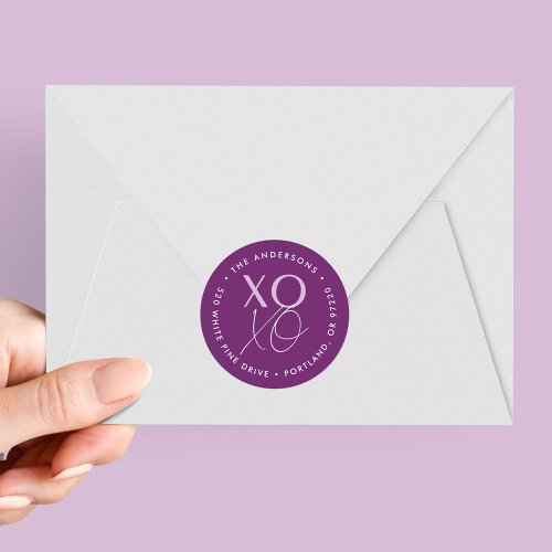 Modern XOXO Purple Valentines Day Return Address Classic Round Sticker