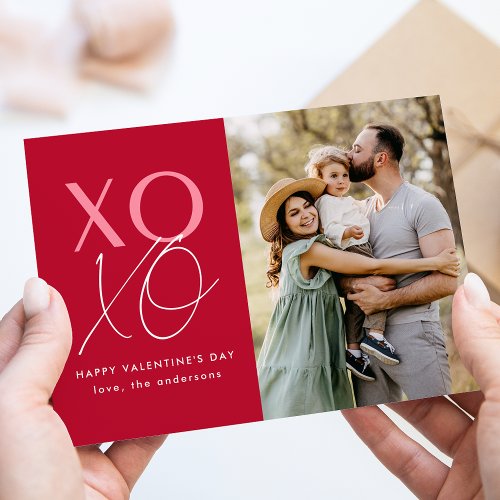 Modern XOXO Red and Pink Valentines Day Photo Holiday Card