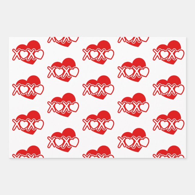 Modern XOXO Red Heart Pattern Wrapping Paper Sheets (Front)