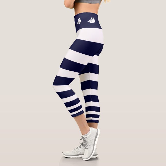 Modern yachts on navy blue and white striped capri leggings (Left)