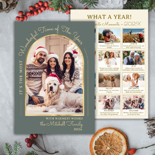 Modern Year in Review Arch 13 Photo Collage Green Holiday Card