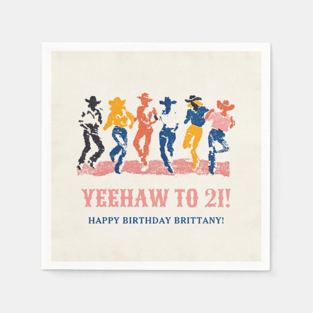 Modern Yeehaw Cowgirl 21st Birthday Party Napkins (Front)