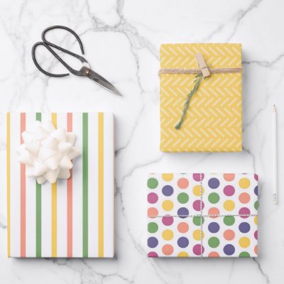 Modern Yello, Green, Orange Stripes and Polka Dot Wrapping Paper Sheets