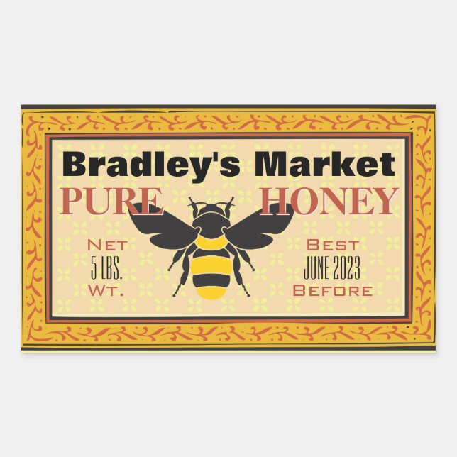 Modern Yellow and Black Bumble Bee Honey Jar Rectangular Sticker (Front)