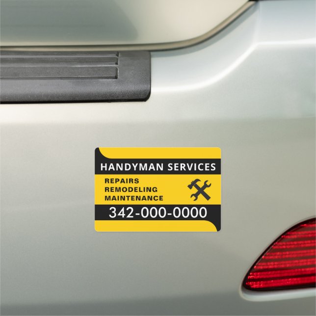 Modern yellow and black handyman services car magnet (In Situ)