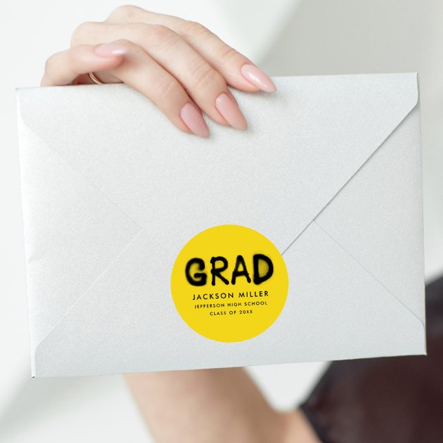 Modern Yellow and Black Spray Paint Graduation Classic Round Sticker (Creator Uploaded)