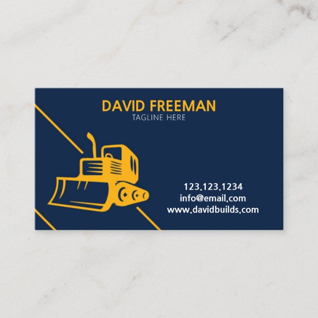Modern Yellow and Blue Bulldozer Construction Business Card (Front)