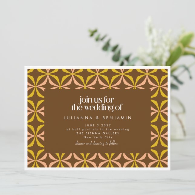 Modern Yellow and Brown Retro Geometric Wedding Invitation (Standing Front)