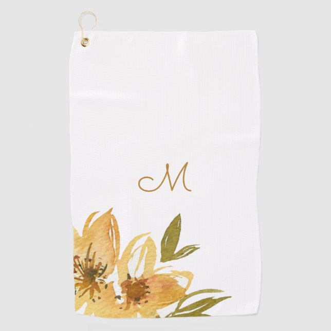 Modern Yellow and Copper Floral Monogram Golf Towel (Front)