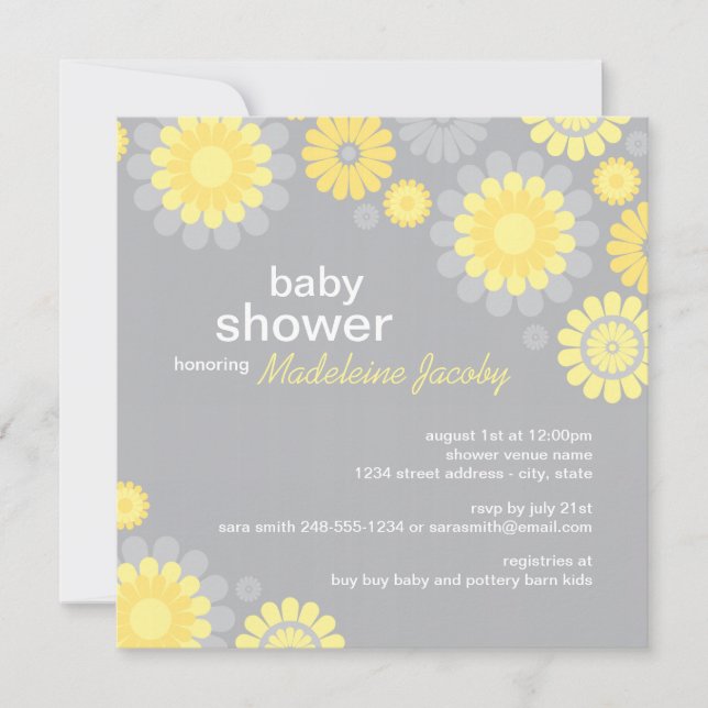 Modern Yellow and Gray Daisy Flowers Baby Shower Invitation (Front)