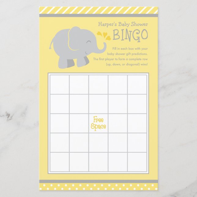 Modern Yellow and Gray Elephant Baby Shower Bingo (Front)