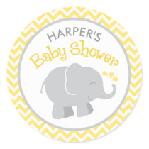 Modern Yellow and Gray Elephant Baby Shower Classic Round Sticker