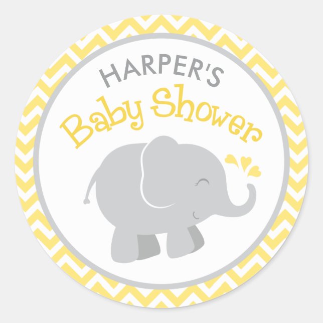 Modern Yellow and Gray Elephant Baby Shower Classic Round Sticker (Front)