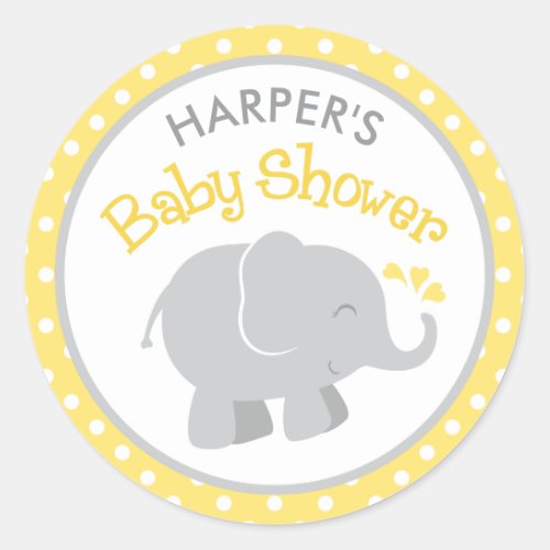 Modern Yellow and Gray Elephant Baby Shower Classic Round Sticker