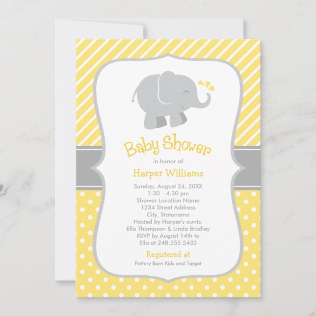 Modern Yellow and Gray Elephant Baby Shower Invitation (Front)