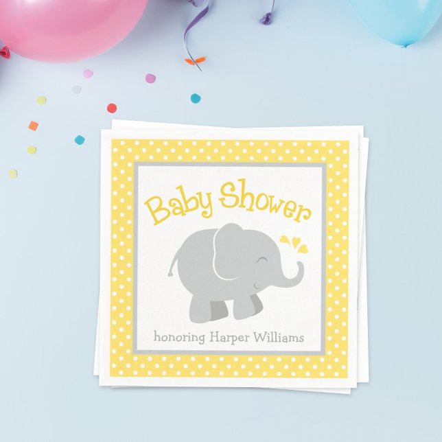 Modern Yellow and Gray Elephant Baby Shower Paper Napkins (Creator Uploaded)
