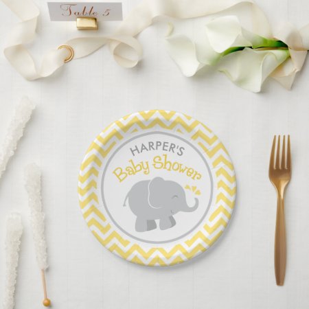 Modern Yellow And Gray Elephant Baby Shower Paper Plates