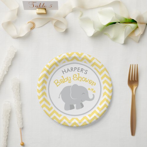 Modern Yellow and Gray Elephant Baby Shower Paper Plates