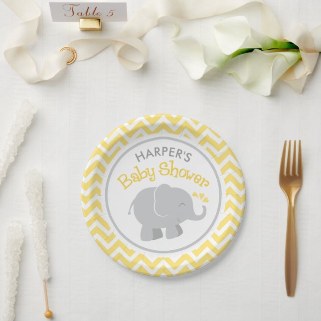 Modern Yellow and Gray Elephant Baby Shower Paper Plates (Wedding)