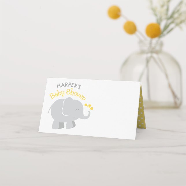 Modern Yellow and Gray Elephant Baby Shower Place Card (Front)