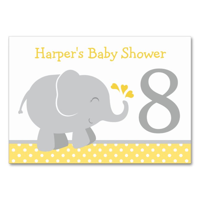 Modern Yellow and Gray Elephant Baby Shower Table Number (Back)