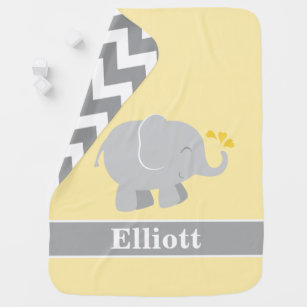 Modern Yellow and Gray Elephant Custom Monogram Baby Blanket