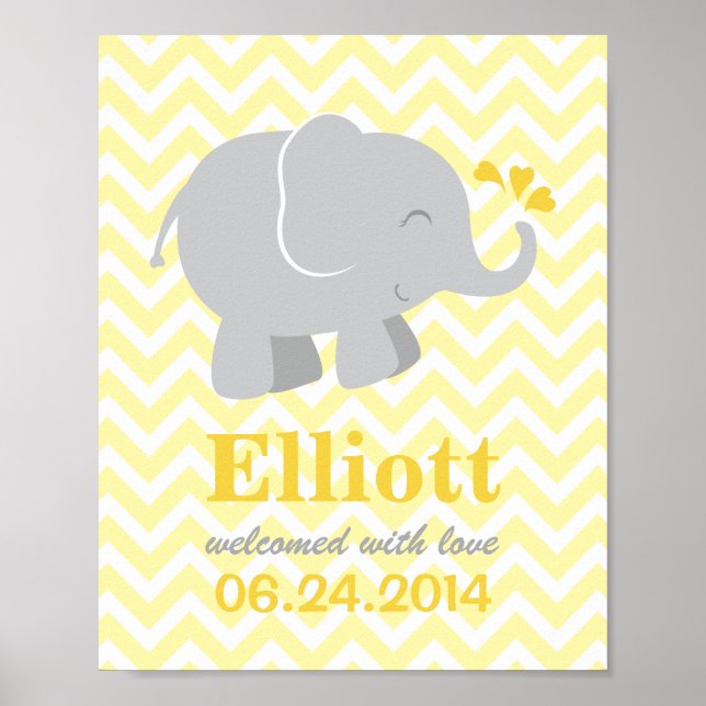 Modern Yellow and Gray Elephant Custom Monogram Poster (Front)