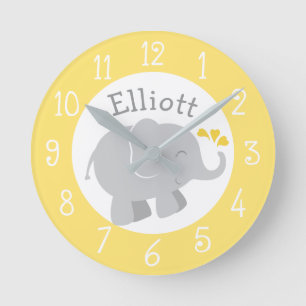 Modern Yellow and Gray Elephant Custom Monogram Round Clock