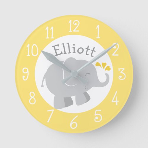 Modern Yellow and Gray Elephant Custom Monogram Round Clock