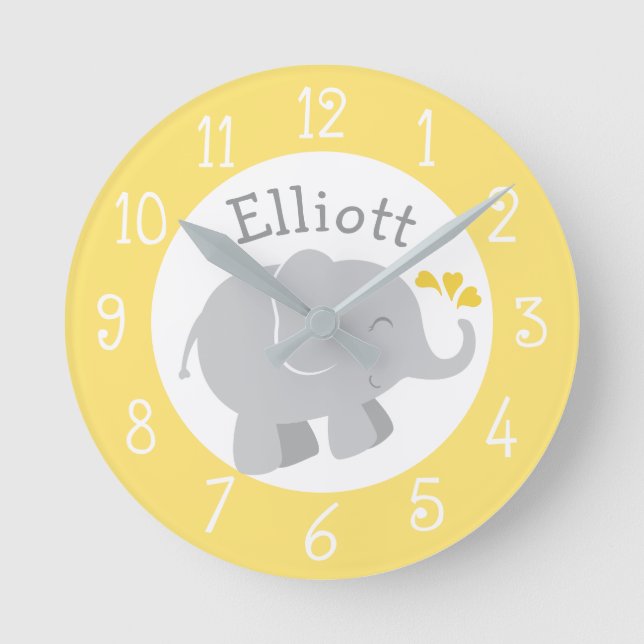 Modern Yellow and Gray Elephant Custom Monogram Round Clock (Front)