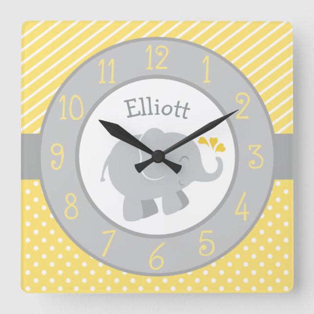 Modern Yellow and Gray Elephant Custom Monogram Square Wall Clock (Front)