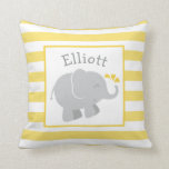 Modern Yellow and Gray Elephant Custom Monogram Throw Pillow<br><div class="desc">Elephant throw pillow features an adorable little newborn baby elephant calf with heart shaped splashes and a stripe patterned background. Modern yellow,  gray,  and white color scheme. Personalize the gray monogram text with your child's name.</div>